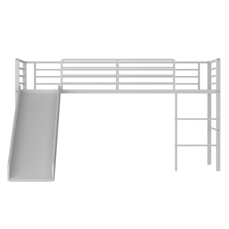 Twin Metal Loft Bed with Slide Safety Guardrails and Built-In Ladder