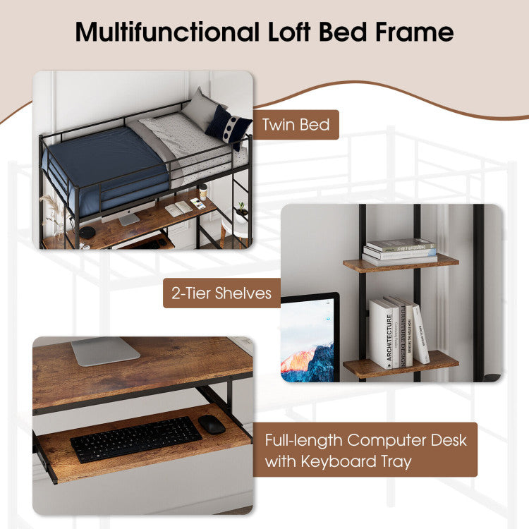 Twin Size Loft Bunk Bed with Desk Storage Shelf and Full-Length Ladders