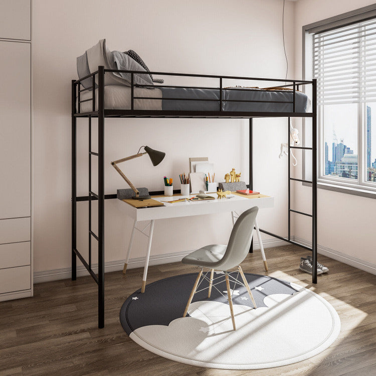 Twin Size Space-Saving Metal Loft Bed with Full-Length Guardrail and 2 Ladders