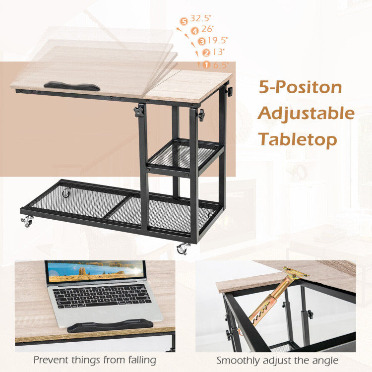 Height Adjustable C-Shaped End Table with Lockable Wheels and Tiltable Table Top