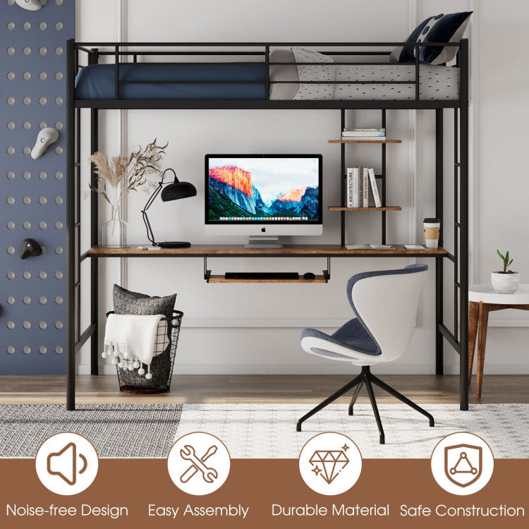 Twin Size Loft Bunk Bed with Desk Storage Shelf and Full-Length Ladders