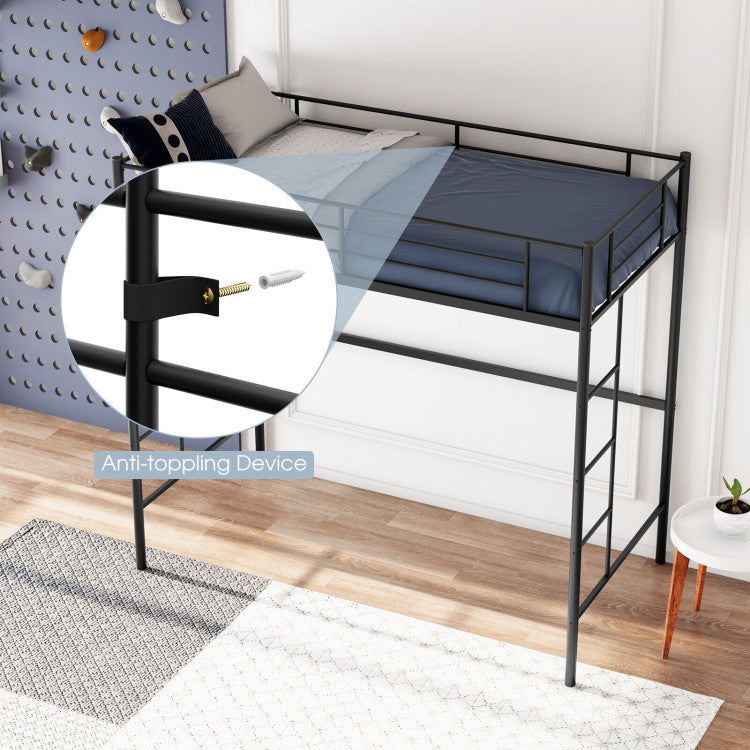 Twin Size Space-Saving Metal Loft Bed with Full-Length Guardrail and 2 Ladders