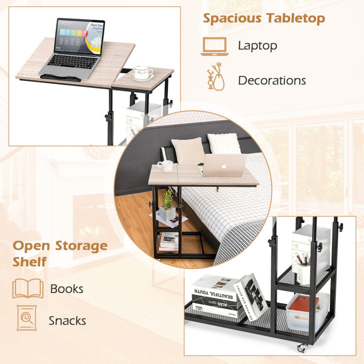 Height Adjustable C-Shaped End Table with Lockable Wheels and Tiltable Table Top