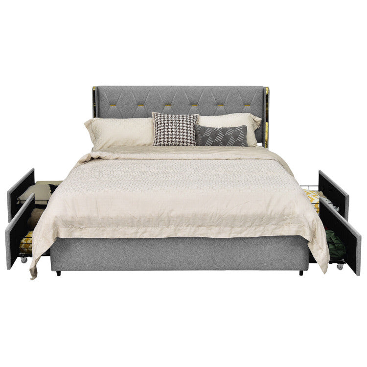 Full/Queen Size Upholstered Bed Frame with High Headboard and 4 Drawers