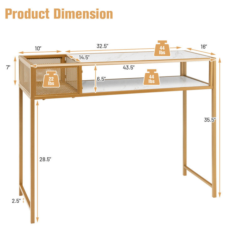 Faux Marble Console Table with Wire Baske for Entryway