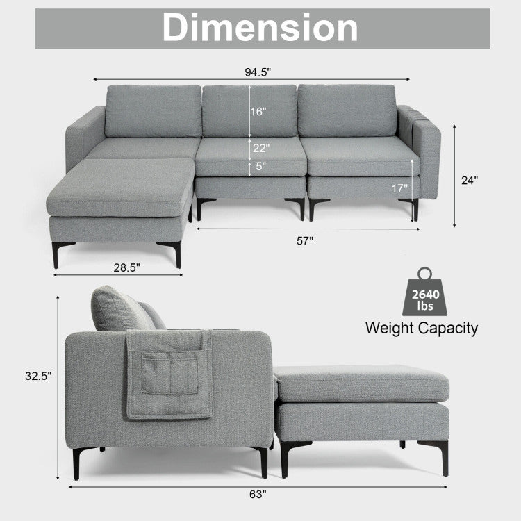 Modular L-Shaped Sectional Sofa with Reversible Chaise and 2 USB Ports