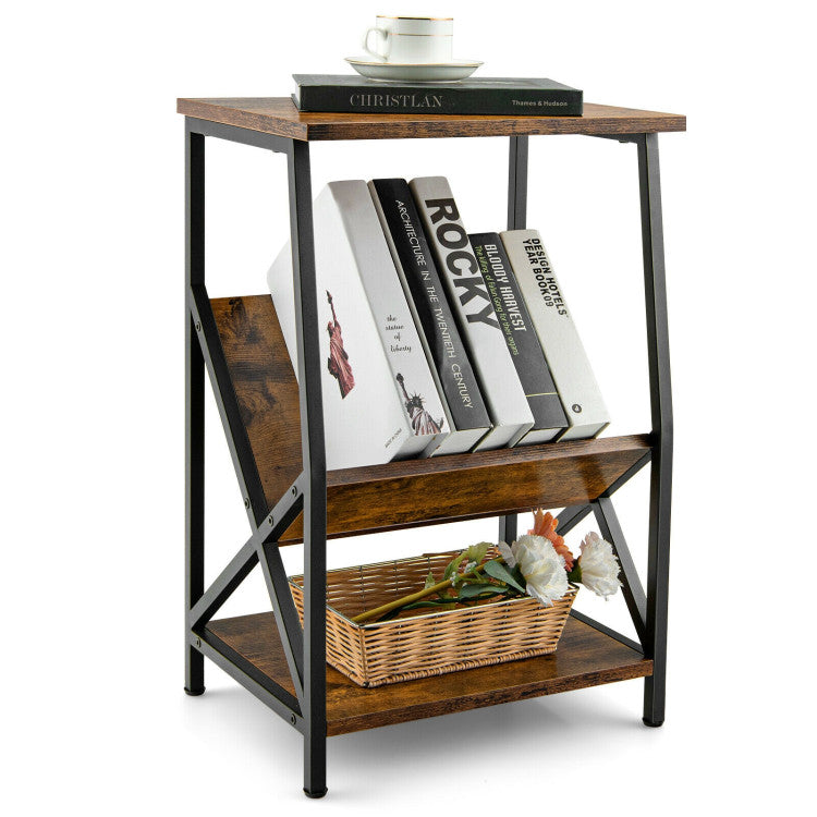 3-Tier Industrial Side Table with V-Shaped Bookshelf for Living Room