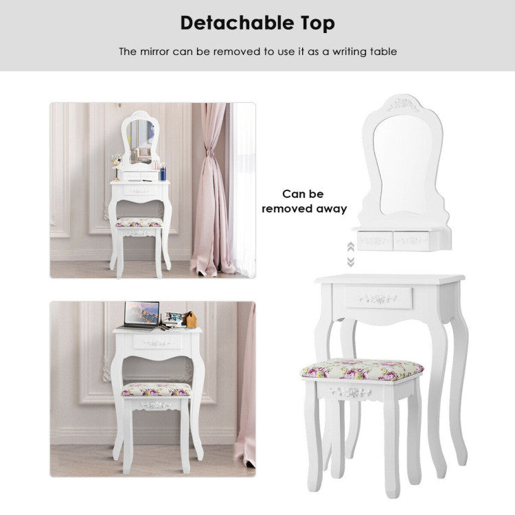 Makeup Dressing Table and Bench 3 Drawers and Cushioned Stool for Girls