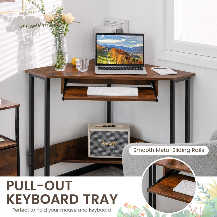 Triangle Corner Computer Desk with Keyboard Tray