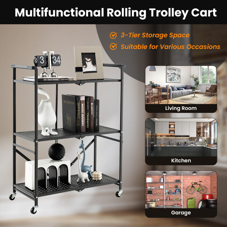 3-Tier Folding Utility Cart with 2 Lockable Casters