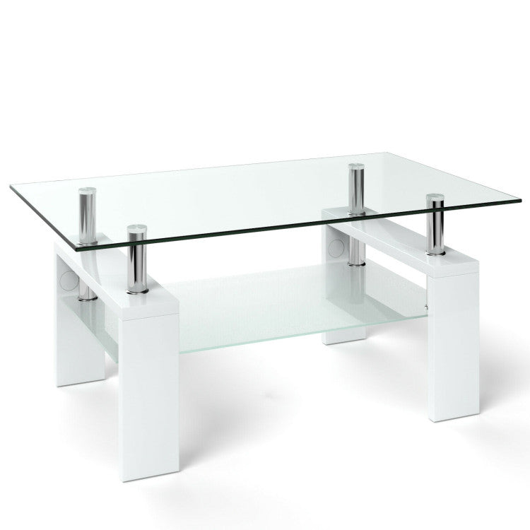 Rectangular Tempered Glass Coffee Table End Side Table with Shelf