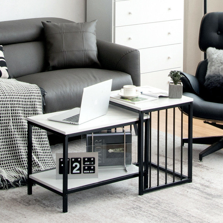 Modern Marble Texture Nesting Table Set of 2 with Storage Shelf