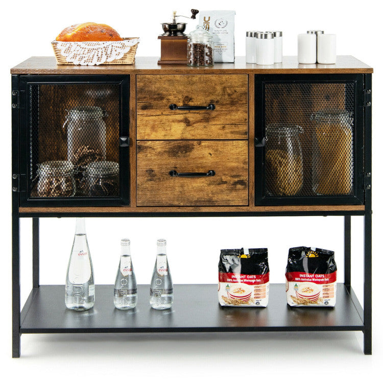 Industrial Buffet Sideboard Kitchen Cupboard with Metal Mesh Doors and 2 Drawers