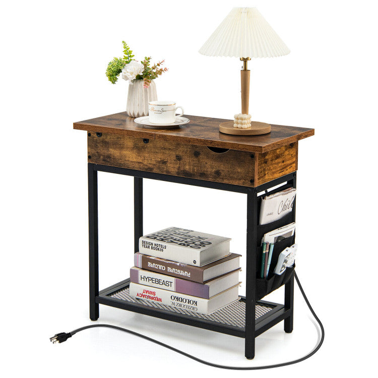 Industrial End Table with Charging Station and Flip Top