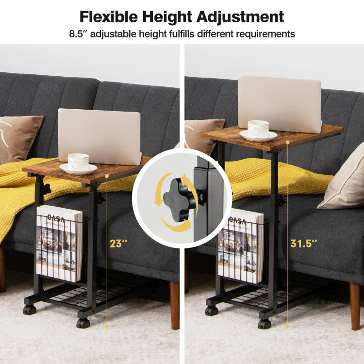 Adjustable C-Shape Sofa Side Table with Storage Basket