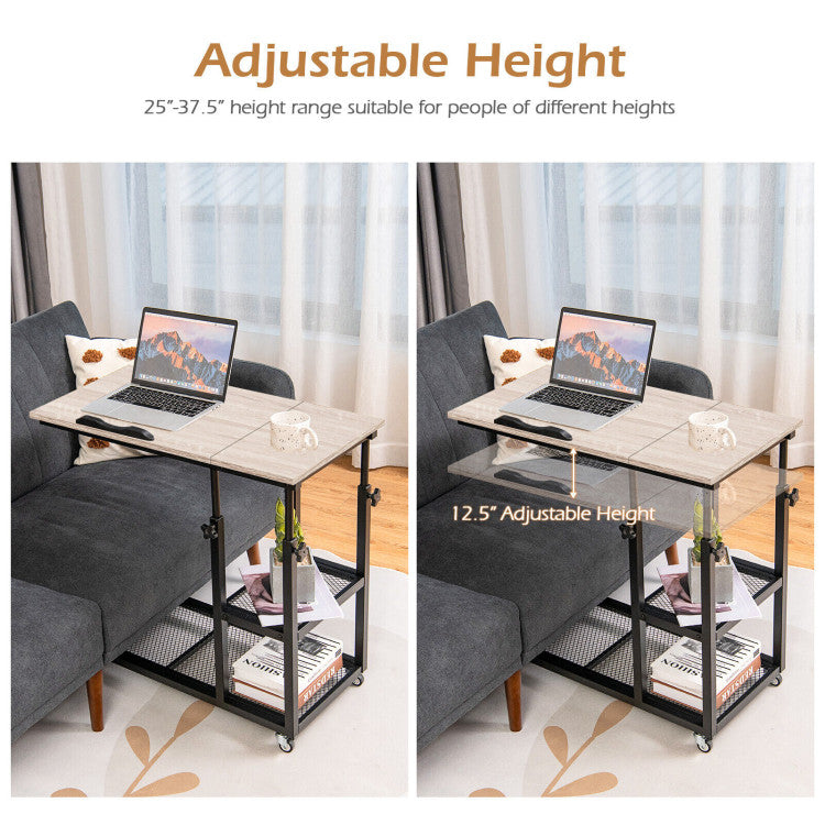 Height Adjustable C-Shaped End Table with Lockable Wheels and Tiltable Table Top