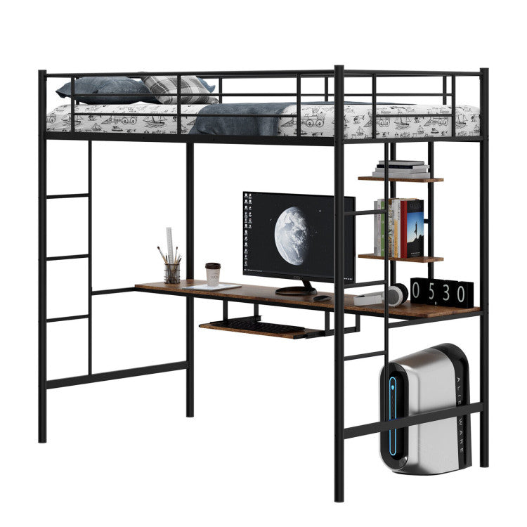 Twin Size Loft Bunk Bed with Desk Storage Shelf and Full-Length Ladders