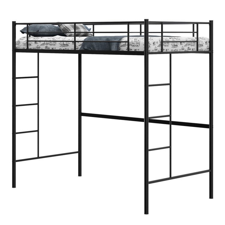 Twin Size Space-Saving Metal Loft Bed with Full-Length Guardrail and 2 Ladders