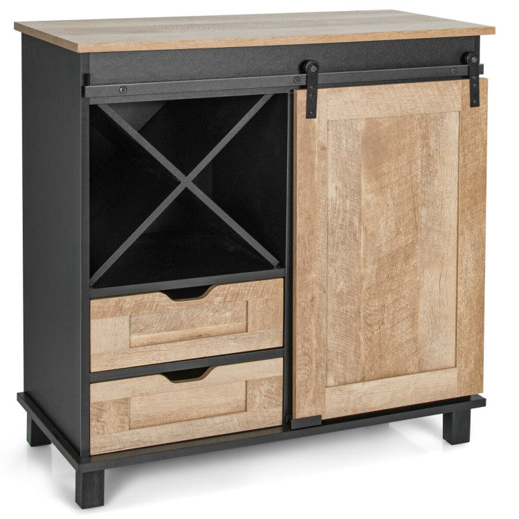 Kitchen Buffet Sideboard with Sliding Barn Door 2 Drawers and Wine Rack