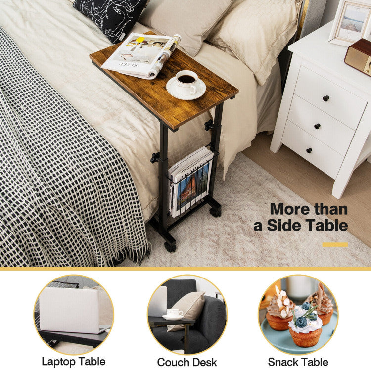 Adjustable C-Shape Sofa Side Table with Storage Basket