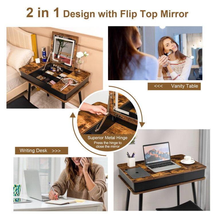 Vanity Table Set with Flip Top Mirror and 6 Storage Compartments