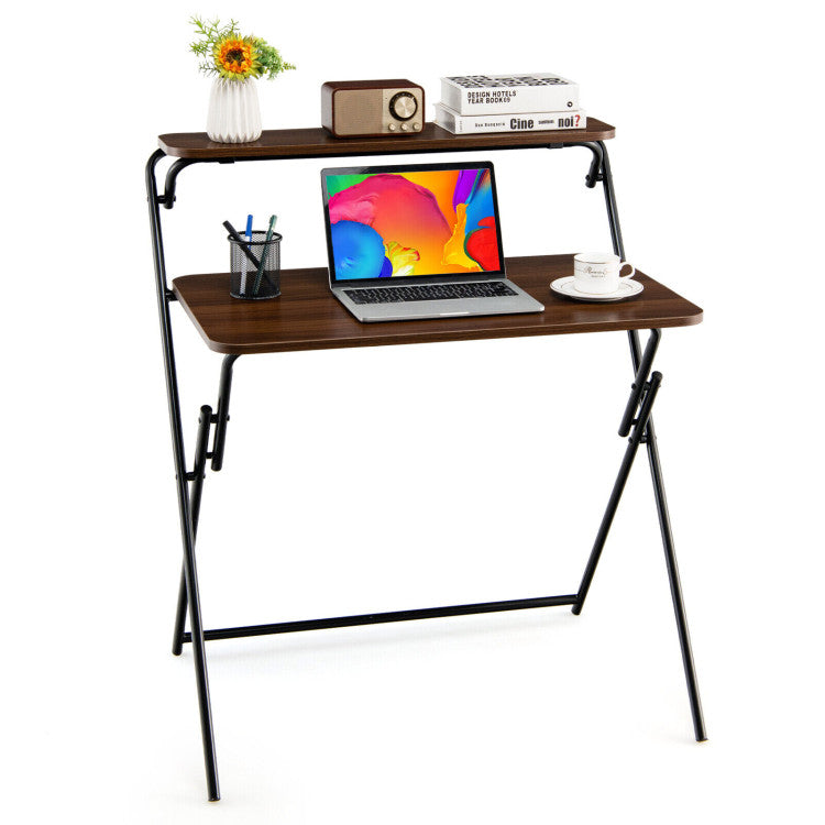 2-Tier Folding Computer Desk Laptop Table No Assembly Required for Home Office