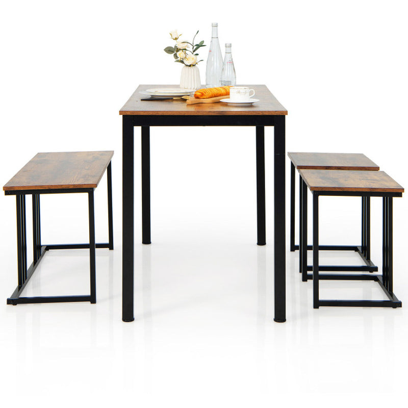 4 Pieces Industrial Dining Table Set with Bench and 2 Stools