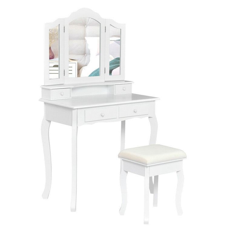 4 Drawers Wood Mirrored Vanity Dressing Table with Stool