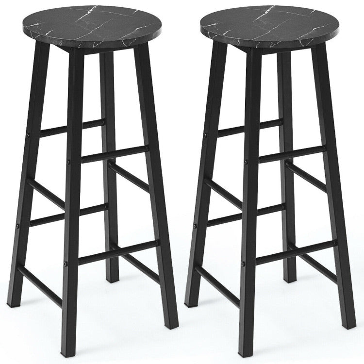 2 Pieces Industrial round Seat Faux Marble Bar Stool Set