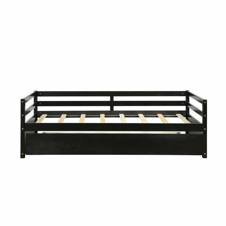 Twin Size Trundle Platform Bed Frame with Wooden Slat Support