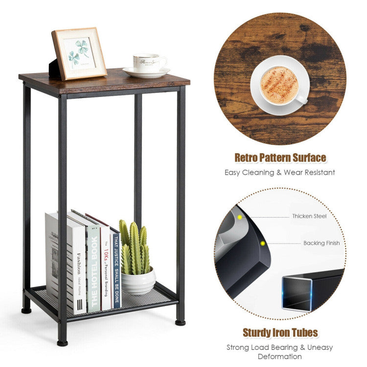 2-Tier Industrial End Table with Metal Mesh Storage Shelves