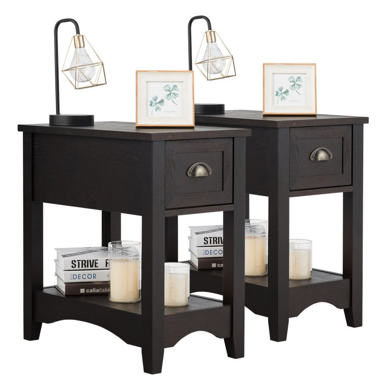 2 Pieces Contemporary End Table Set with Drawer and Open Shelf