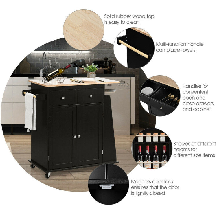 Rubber Wood Countertop Rolling Kitchen Island Cart