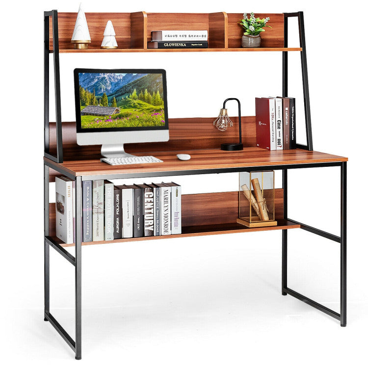 47 Inch Computer Desk with Open Storage Space and Bottom Bookshelf