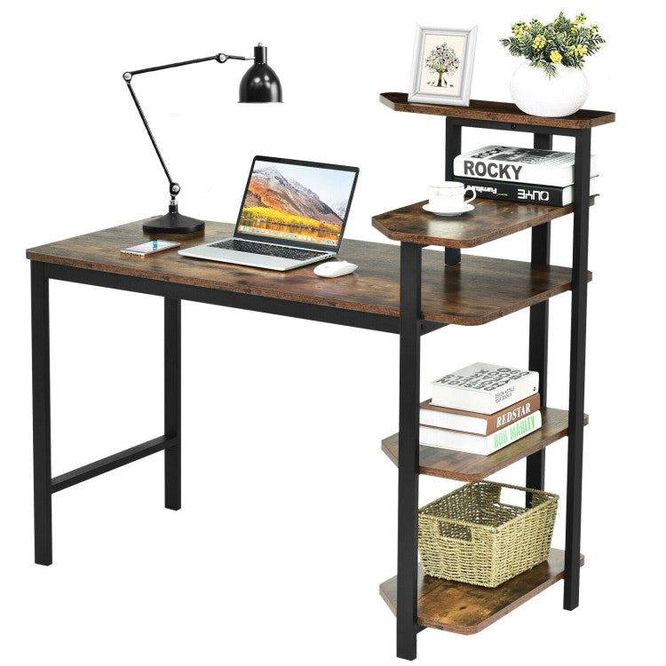 48 Inch Industrial Wooden Computer Desk with 4-Tier Storage Shelves