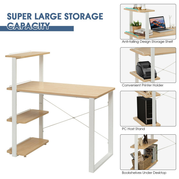 Reversible Computer Desk with 4 Tier Bookshelves and Spacious Desktop