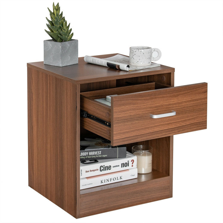 2-Tier Modern Wooden Nightstand with Storage Drawer and Open Cabinet