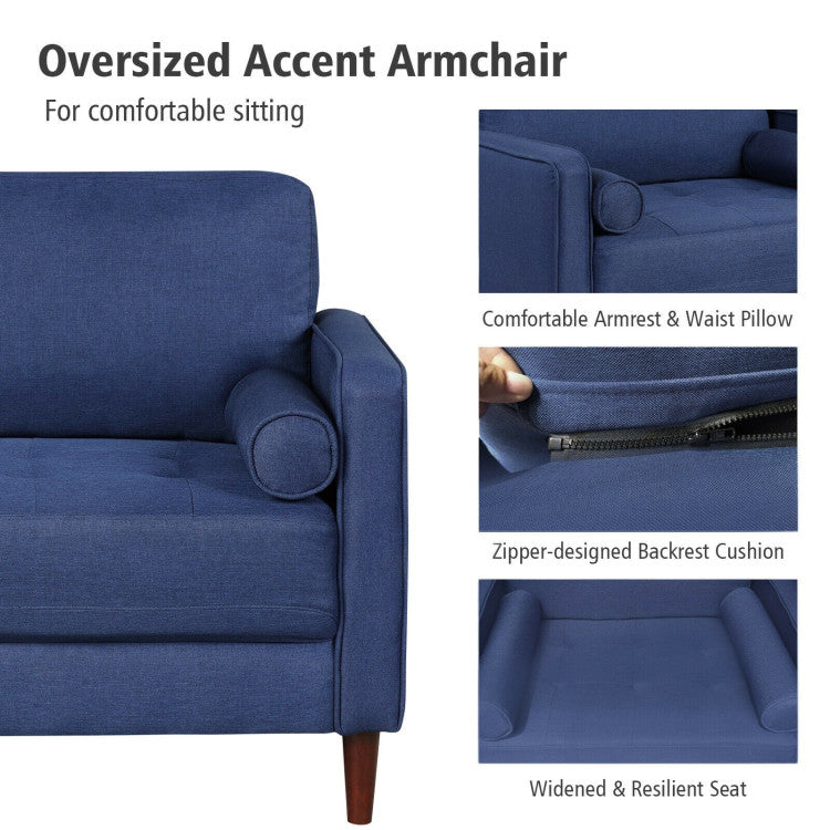 Accent Oversized Linen Club Armchair with Pillows and Rubber Wood Legs