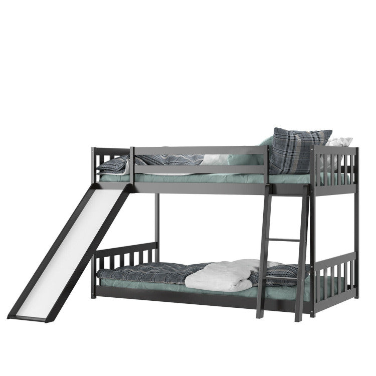 Twin over Twin Bunk Wooden Low Bed with Slide Ladder for Kids