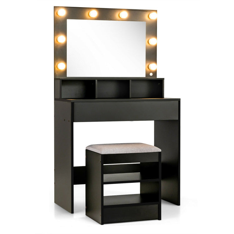 Vanity Table Set with Lighted Mirror and Cushioned Stool