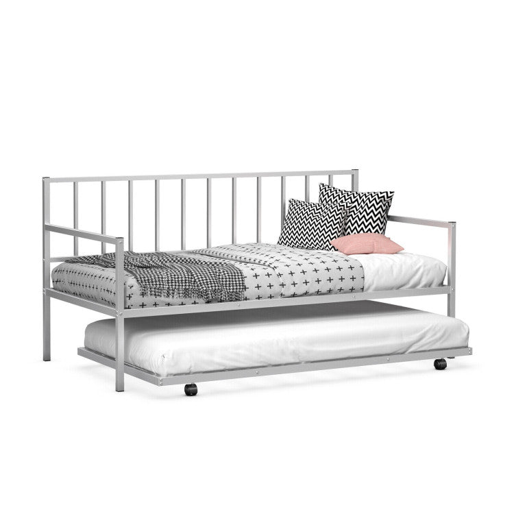 Twin Daybed Set with Metal Slat Support and Roll-Out Trundle