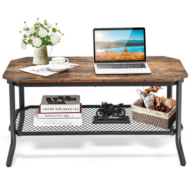 2-Tier Industrial Coffee Table with Open Mesh Storage Shelf for Living Room