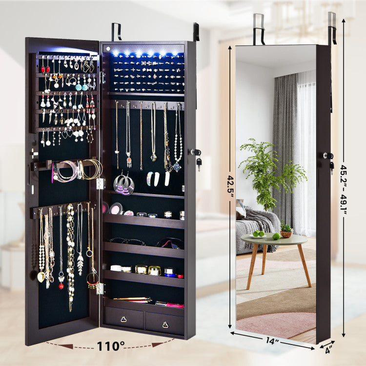 Wall Mounted Full Screen Mirror Jewelry Cabinet Armoire with 6 Leds