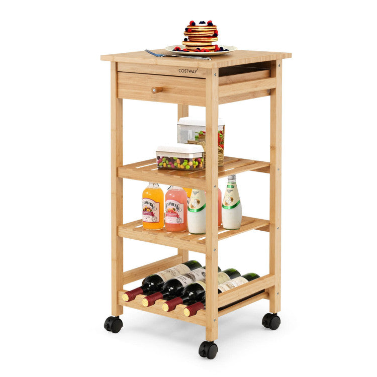 Bamboo Rolling Small Storage Cart with Drawer and Shelves