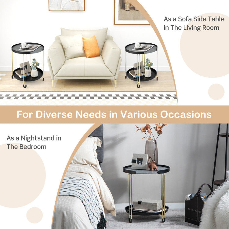 2-Tier round Side Table with Removable Tray and Metal Frame for Small Space