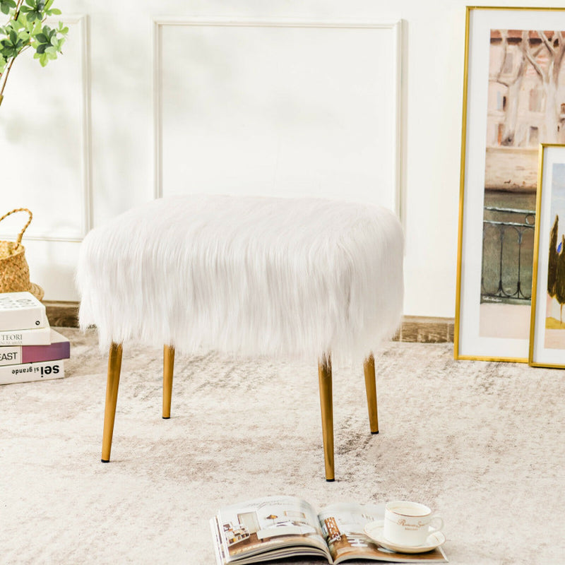 Faux Fur Vanity Stool with Golden Metal Legs for Makeup Room