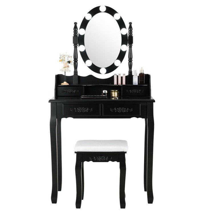 Makeup Dressing Table with Touch Switch Lighted Mirror and Cushioned Stool