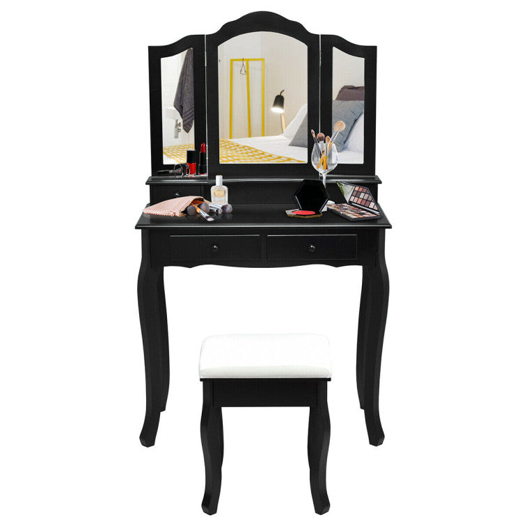 4 Drawers Wood Mirrored Vanity Dressing Table with Stool