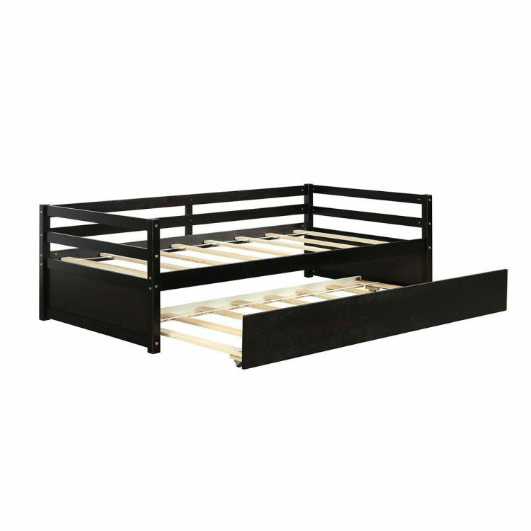 Twin Size Trundle Platform Bed Frame with Wooden Slat Support