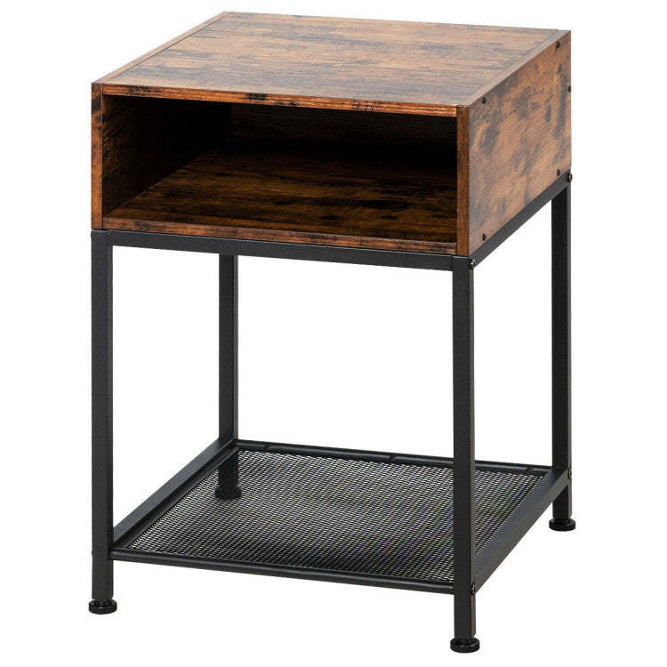 Industrial Nightstand End Side Table with Mesh Shelf